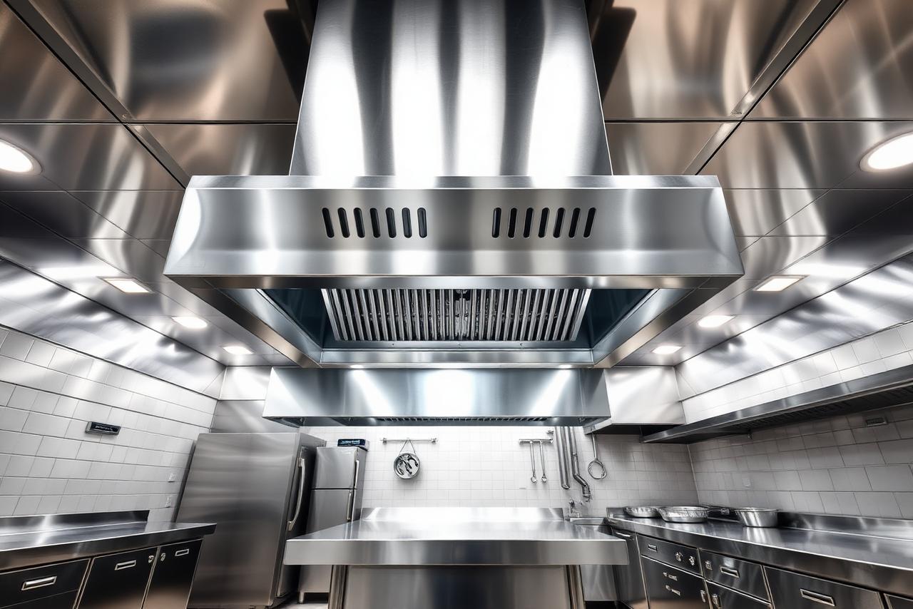 Newly installed stainless commercial kitchen hood system